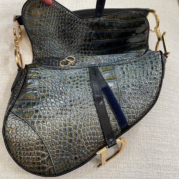 Dior crocodile bag Saddle Embossed Green/Blue gold hardware , rare find - Picture 9 of 16